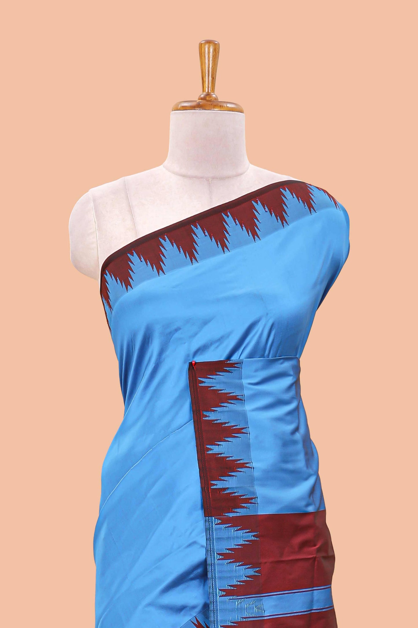 Blue plain poly cotton saree with contrast pallu and geometric border