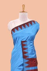 Blue plain poly cotton saree with contrast pallu and geometric border