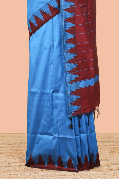 Blue plain poly cotton saree with contrast pallu and geometric border