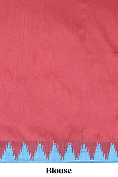 Blue plain poly cotton saree with contrast pallu and geometric border