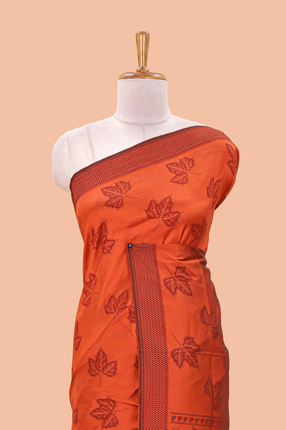 Orange leaf motifs poly cotton saree with self border and pallu