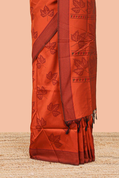 Orange leaf motifs poly cotton saree with self border and pallu