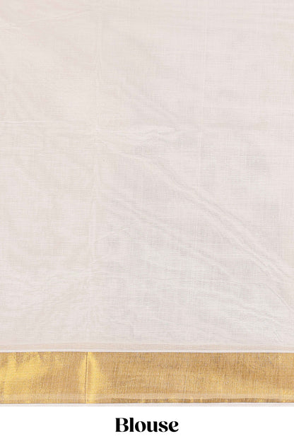 Cream kerala Cotton Saree featuring a full plain body complemented by a rich gold jari border