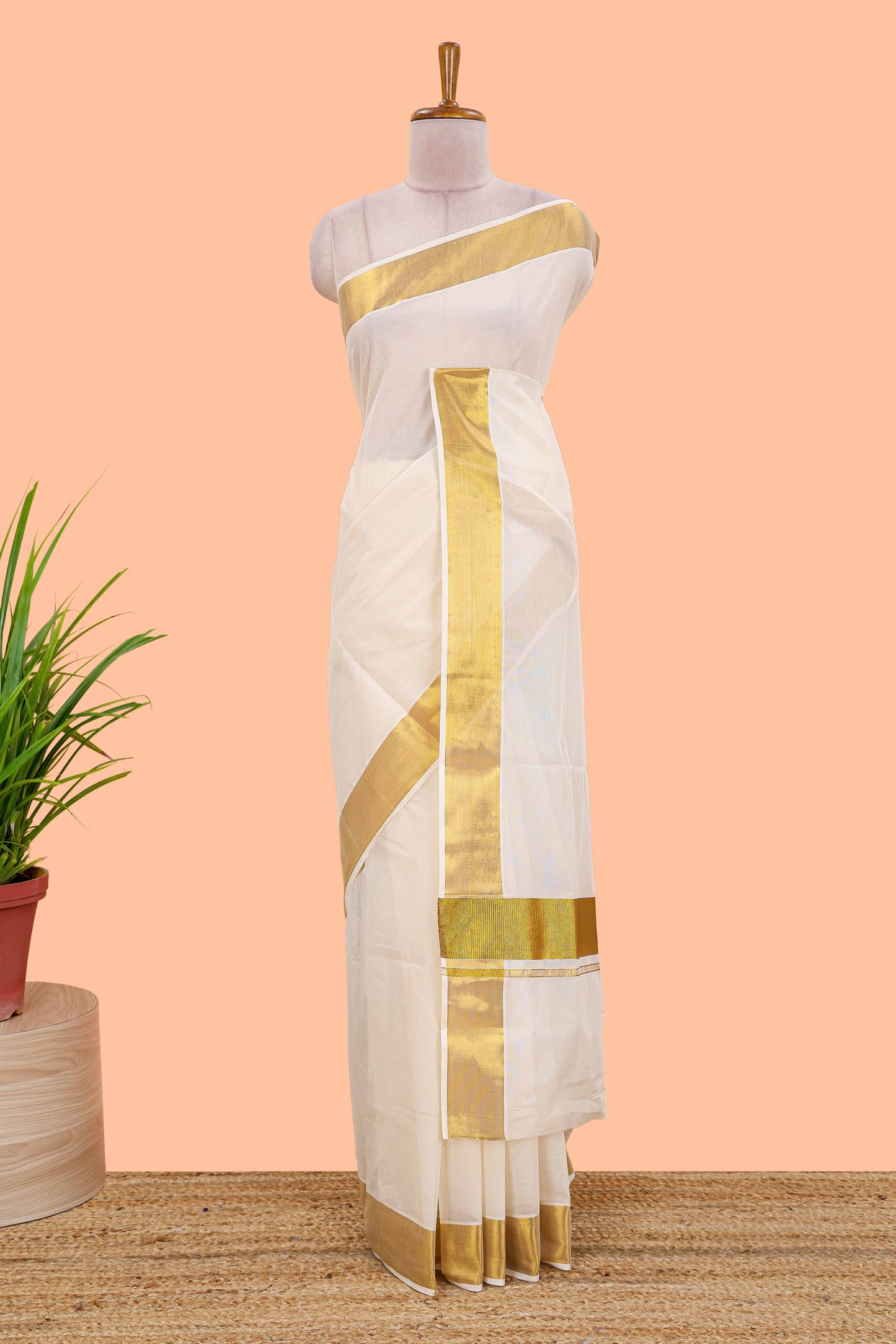 Cream kerala Cotton Saree featuring a full plain body complemented by a rich gold jari border