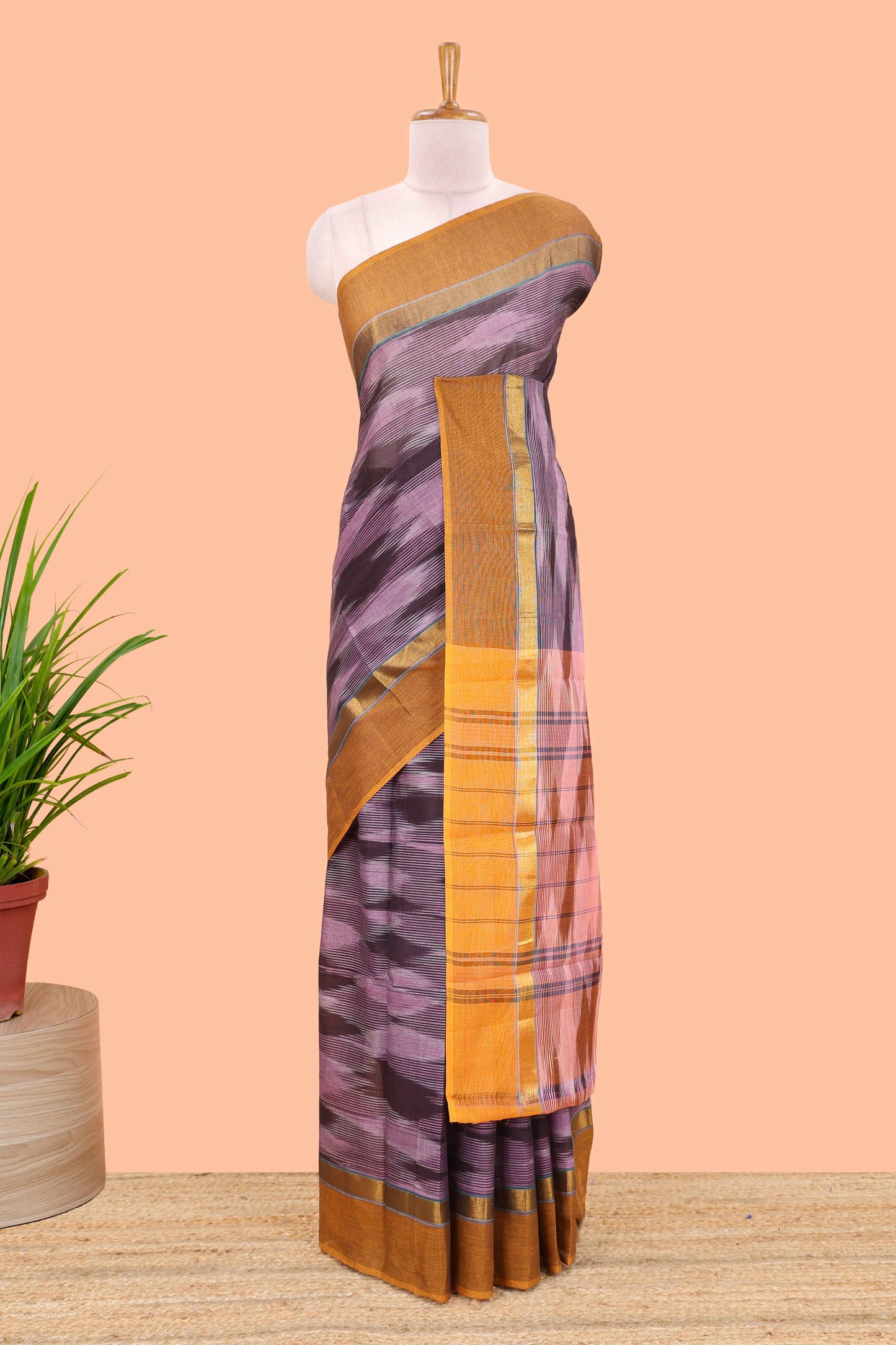 Purple ikkat cotton saree geomentric traditional pochampally design and zari border