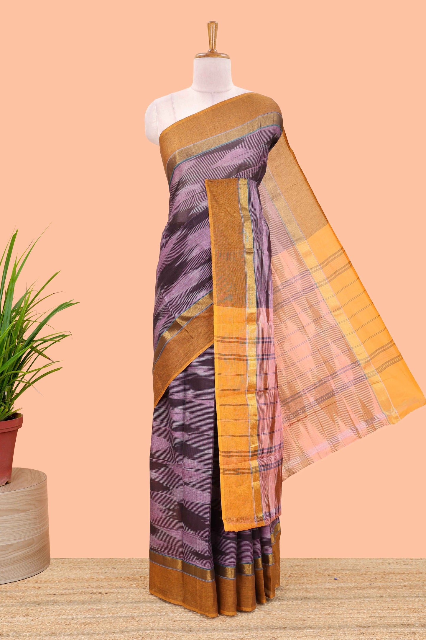 Purple ikkat cotton saree geomentric traditional pochampally design and zari border