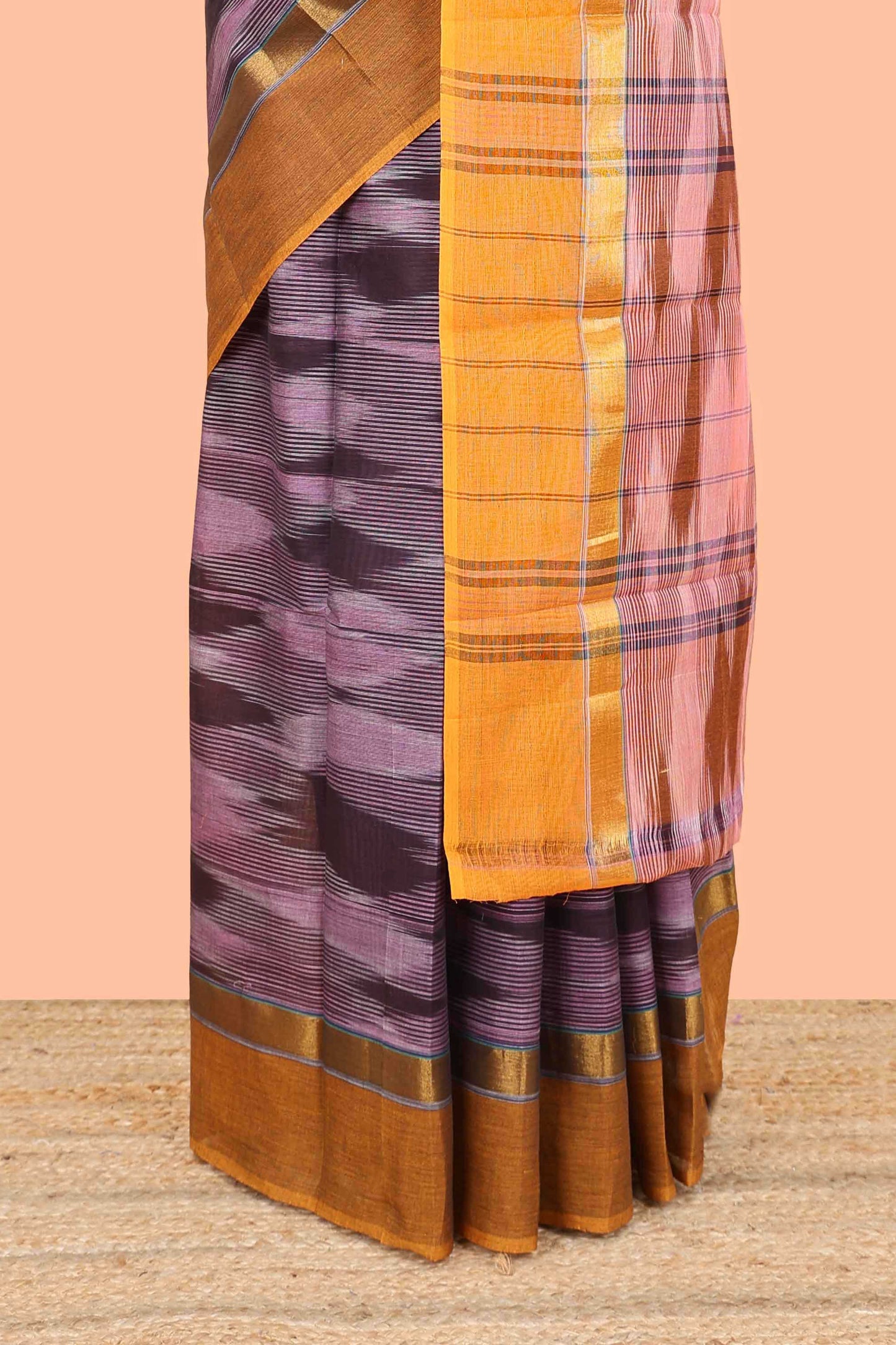 Purple ikkat cotton saree geomentric traditional pochampally design and zari border