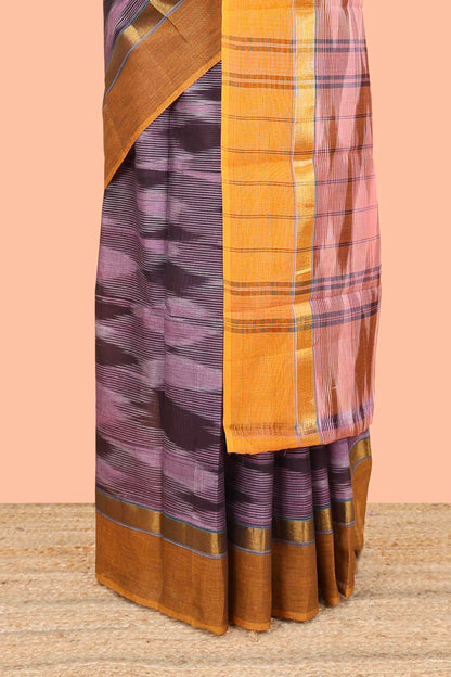 Purple ikkat cotton saree geomentric traditional pochampally design and zari border