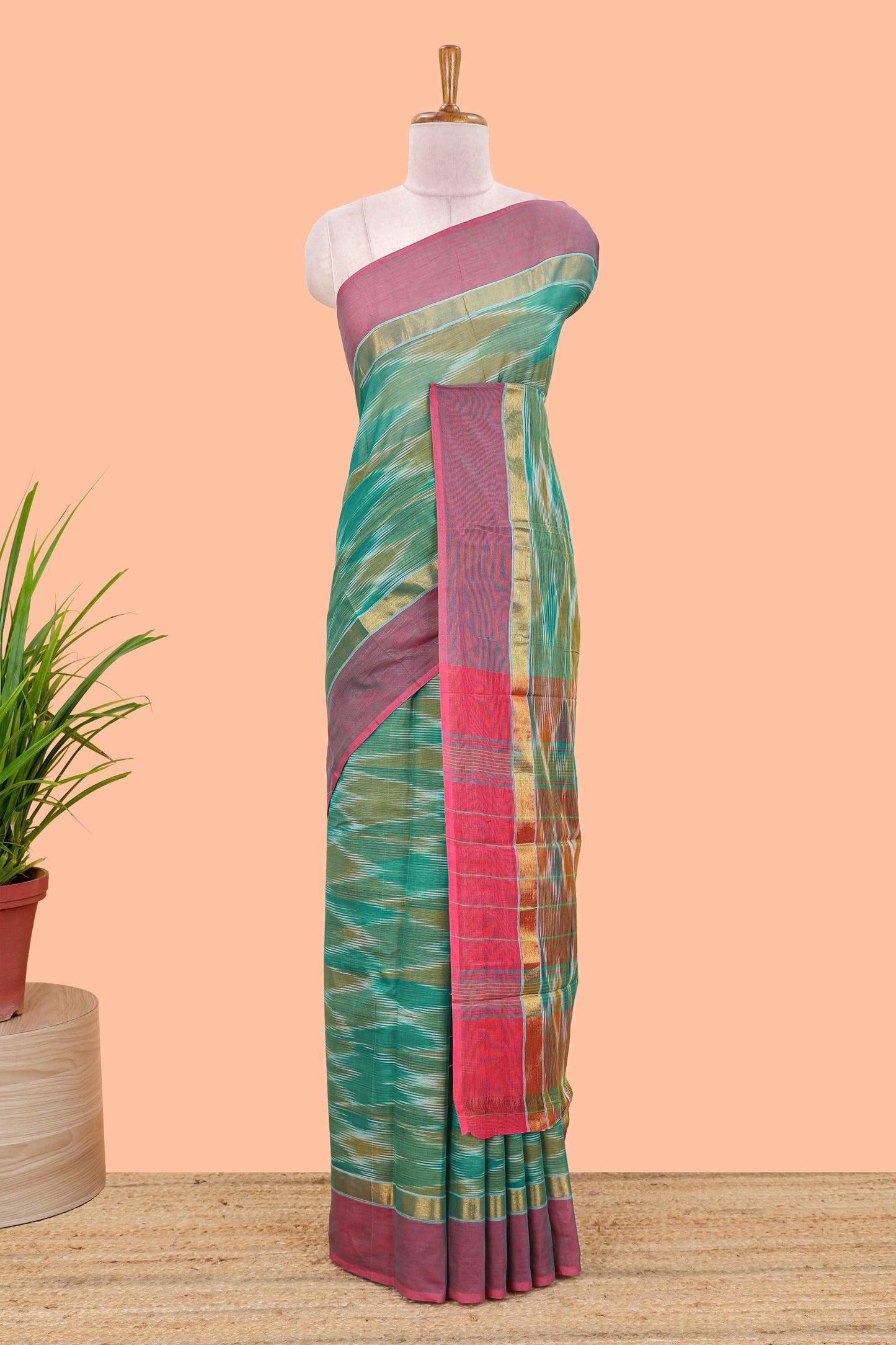 Green ikkat cotton saree geomentric traditional pochampally design and zari border