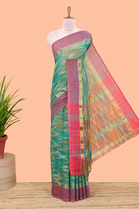 Green ikkat cotton saree geomentric traditional pochampally design and zari border