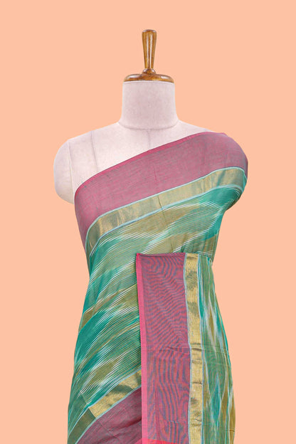 Green ikkat cotton saree geomentric traditional pochampally design and zari border