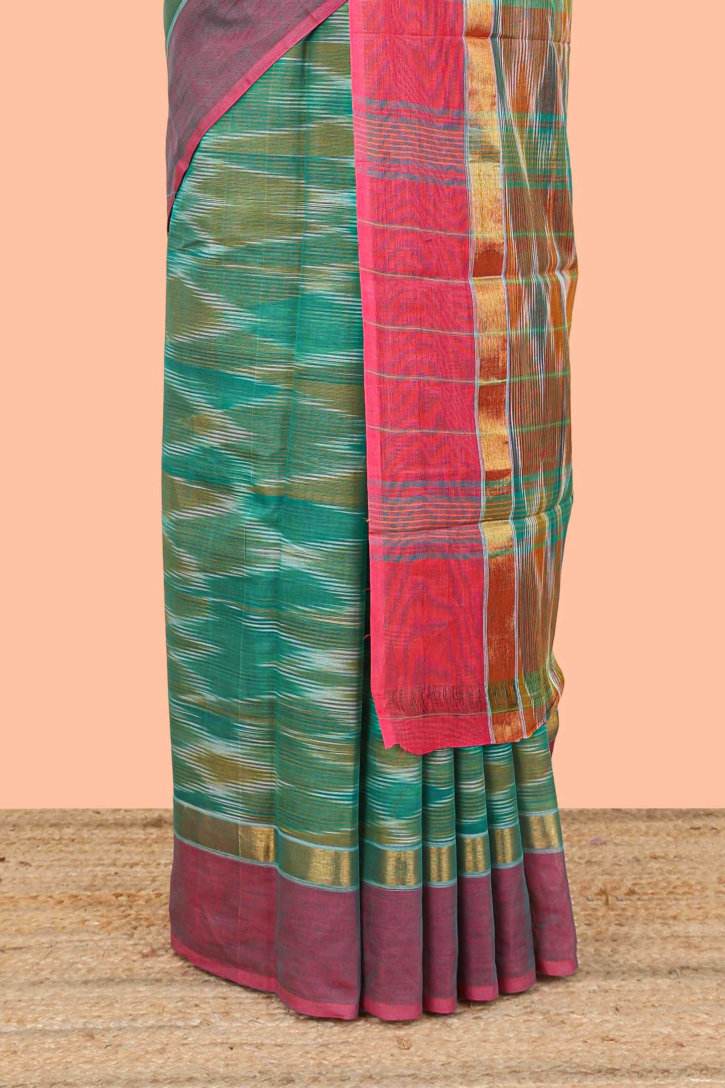 Green ikkat cotton saree geomentric traditional pochampally design and zari border