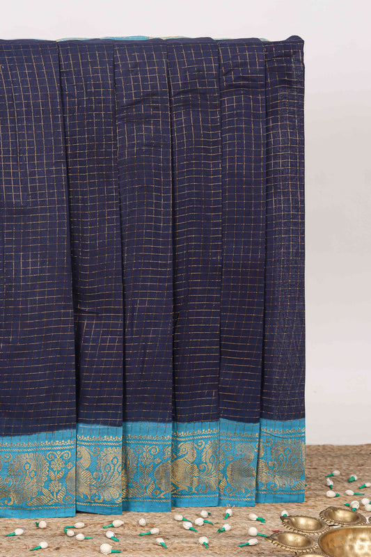 Navy blue checked sungudi cotton saree with contrast border and striped pallu