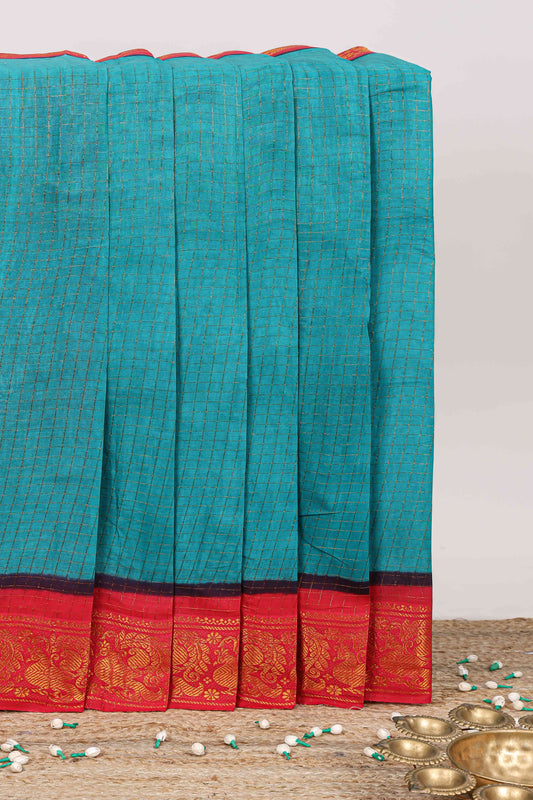 Turquoise green checked sungudi cotton saree with contrast border and striped pallu