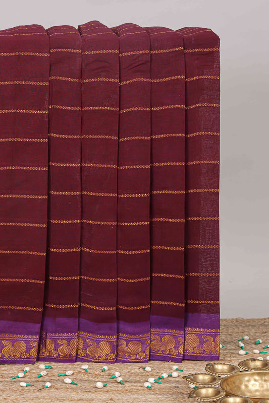 Maroon striped sungudi cotton saree with contrast border and striped blouse
