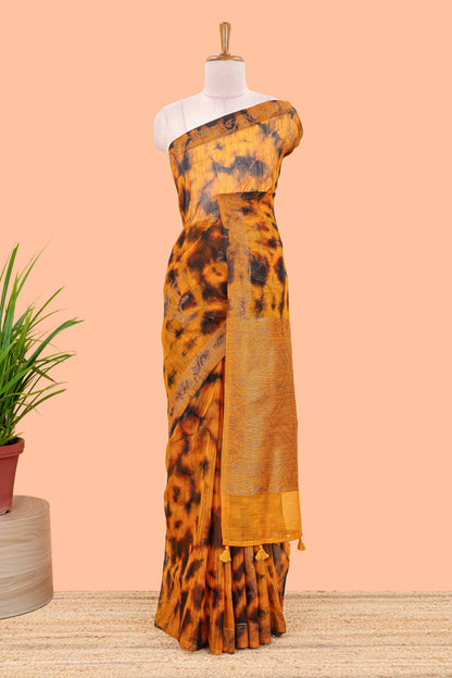 Orange and black tie and dye jute cotton saree with self zari border and blouse