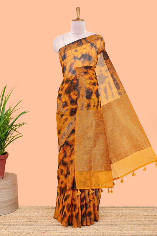 Orange and black tie and dye jute cotton saree with self zari border and blouse