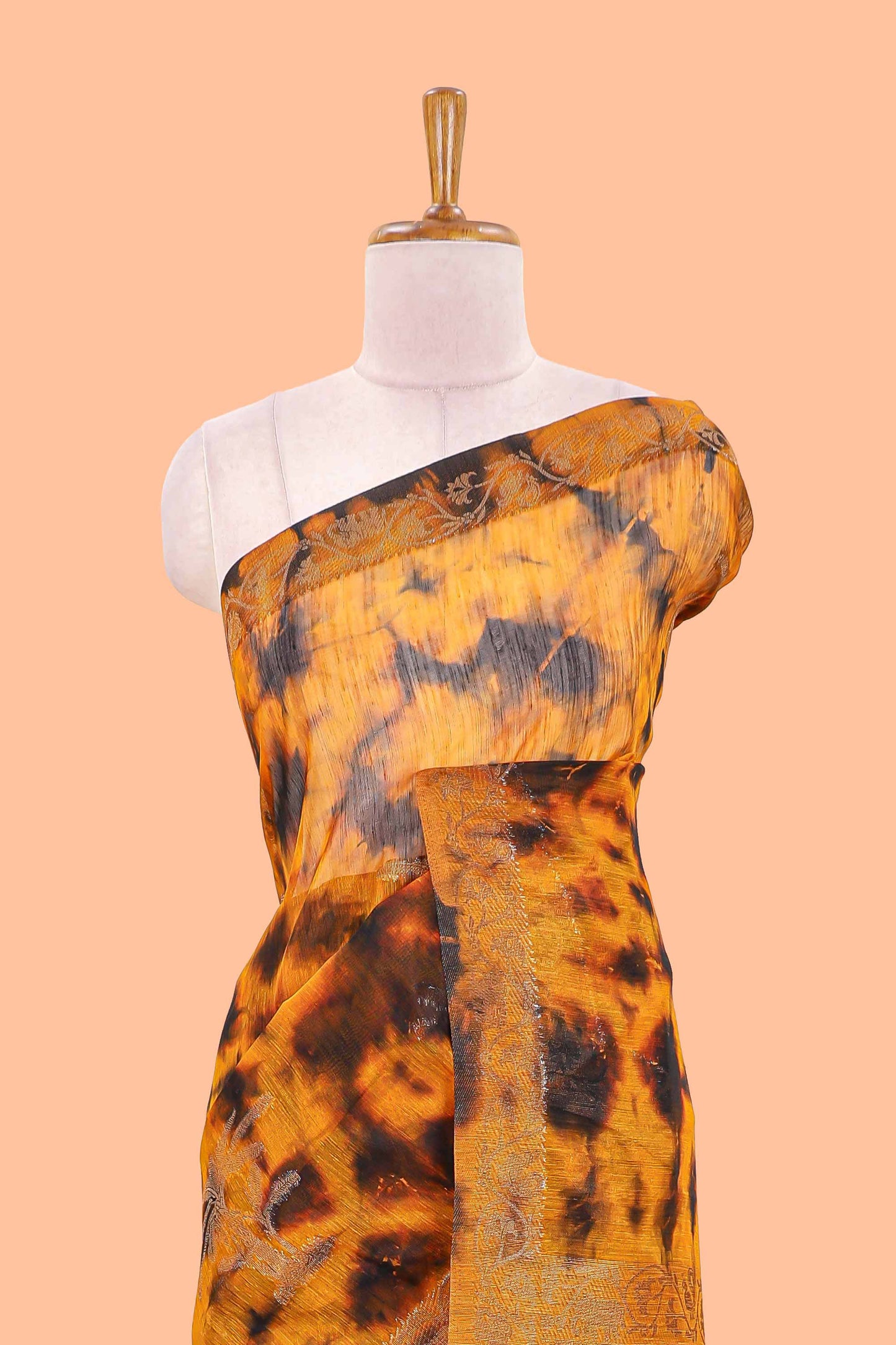 Orange and black tie and dye jute cotton saree with self zari border and blouse