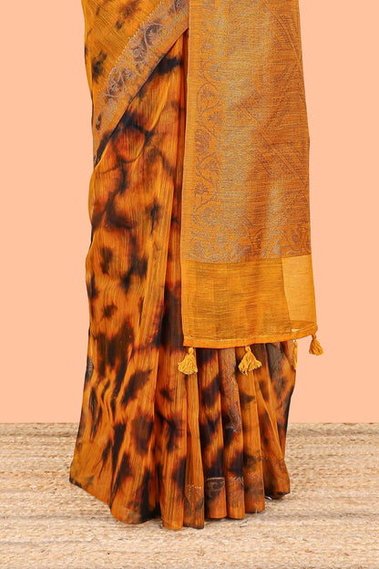 Orange and black tie and dye jute cotton saree with self zari border and blouse