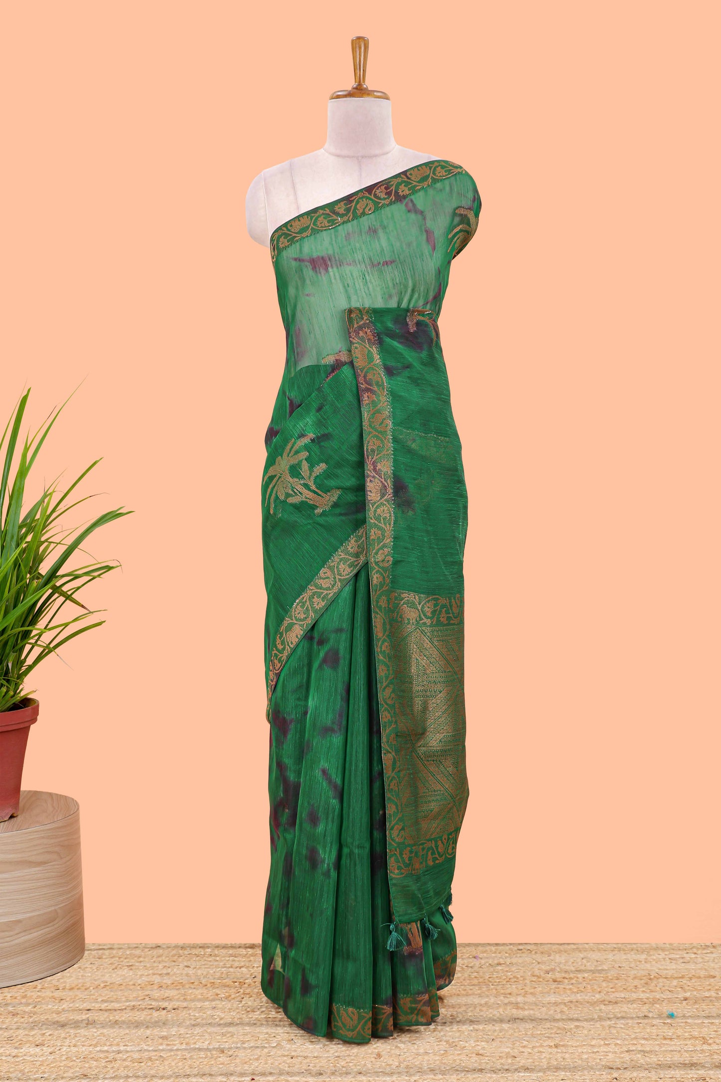 Green and black tie and dye jute cotton saree with self zari border and blouse