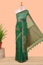 Green and black tie and dye jute cotton saree with self zari border and blouse