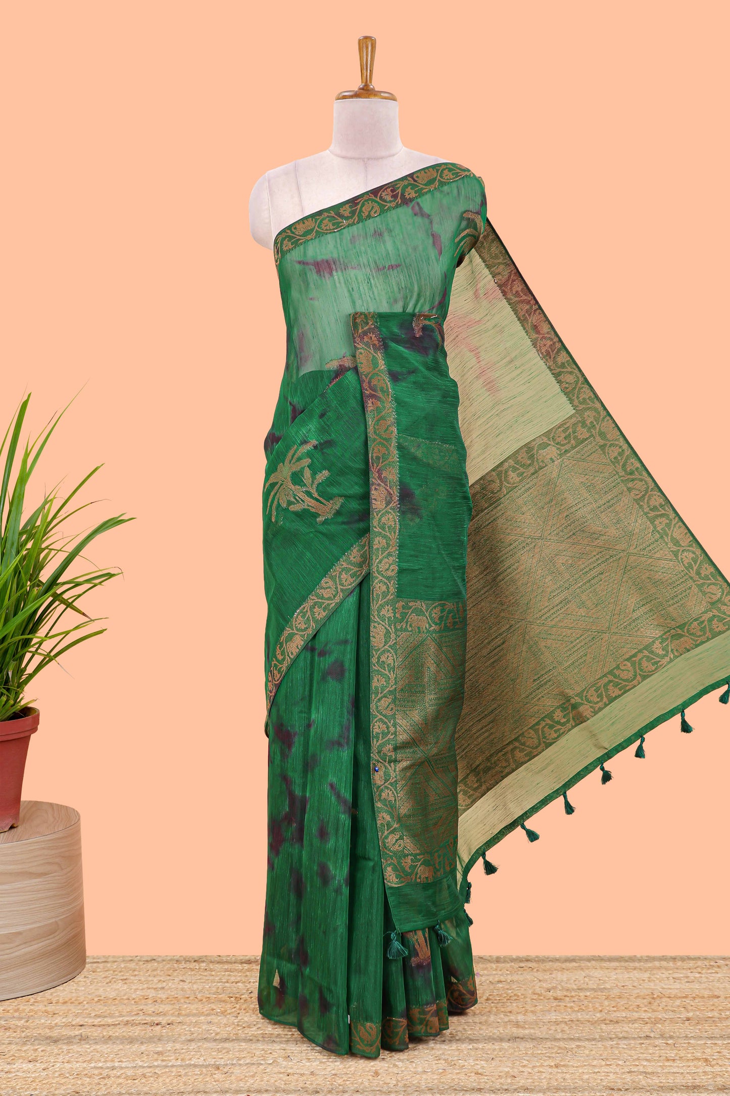 Green and black tie and dye jute cotton saree with self zari border and blouse