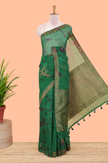 Green and black tie and dye jute cotton saree with self zari border and blouse