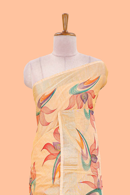 Pastel orange floral design jute cotton saree with self striped zari border and blouse