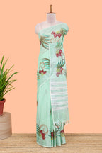 Pista green floral design jute cotton saree with self striped zari border and blouse
