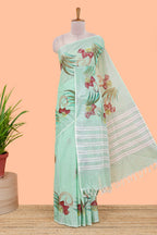 Pista green floral design jute cotton saree with self striped zari border and blouse
