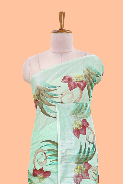 Pista green floral design jute cotton saree with self striped zari border and blouse