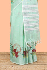 Pista green floral design jute cotton saree with self striped zari border and blouse