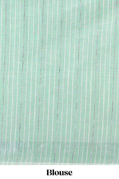 Pista green floral design jute cotton saree with self striped zari border and blouse