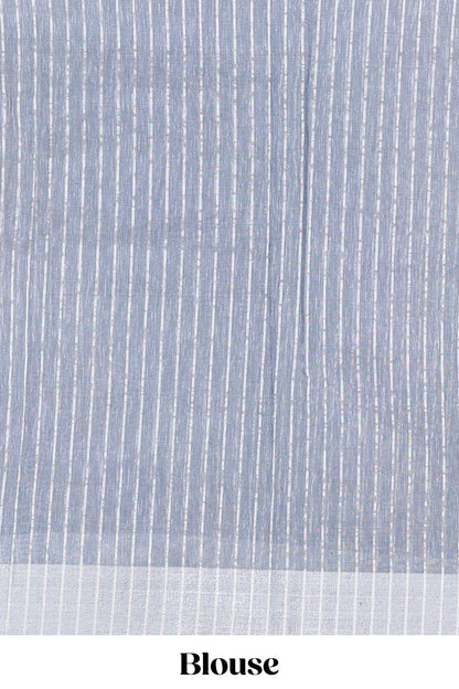 Blue jute cotton saree leaf motifs with zari border and pallu