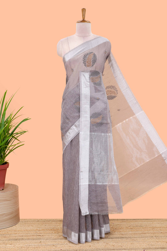 Grey jute cotton saree leaf motifs with zari border and pallu