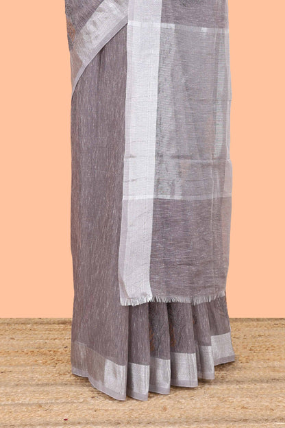 Grey jute cotton saree leaf motifs with zari border and pallu