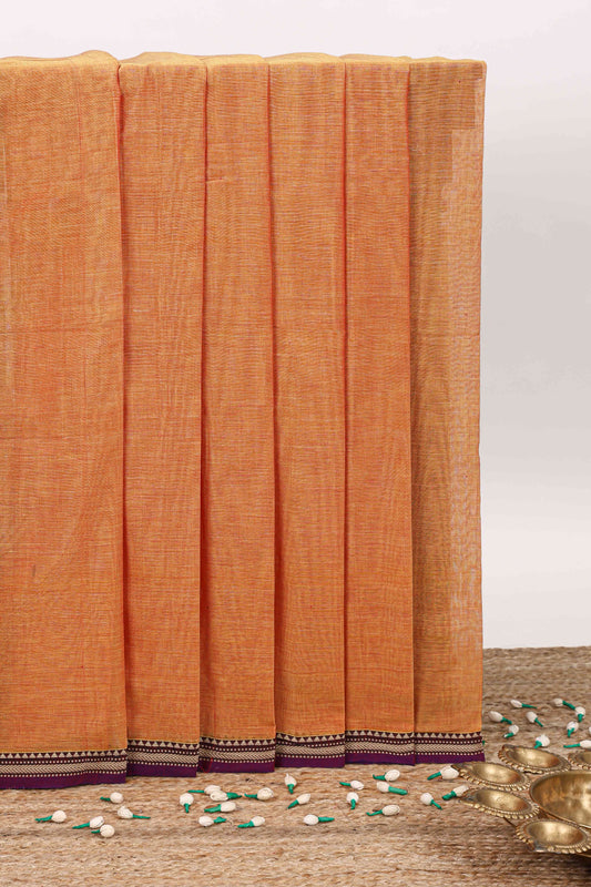 Orange plain narayanapet cotton saree with contrast border and striped pallu