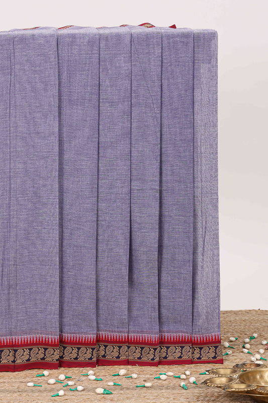 Lavender plain narayanpet cotton saree with contrast border and striped pallu