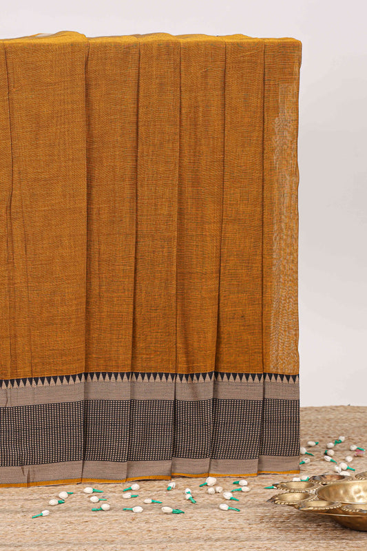 Mustard plain narayanpet cotton saree with contrast border and striped pallu