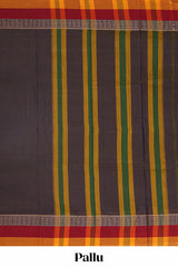 Black plain narayanapet cotton saree with contrast border and striped pallu