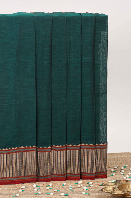 Dark green plain narayanpet cotton saree with contrast border and striped pallu