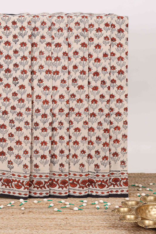 Beige floral design mul mul cotton saree with self border and matching blouse