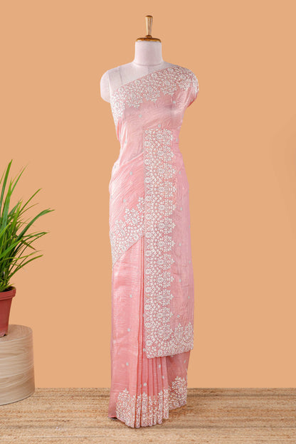 Pink organza crush saree with floral embroidery and stone work, self pallu and blouse