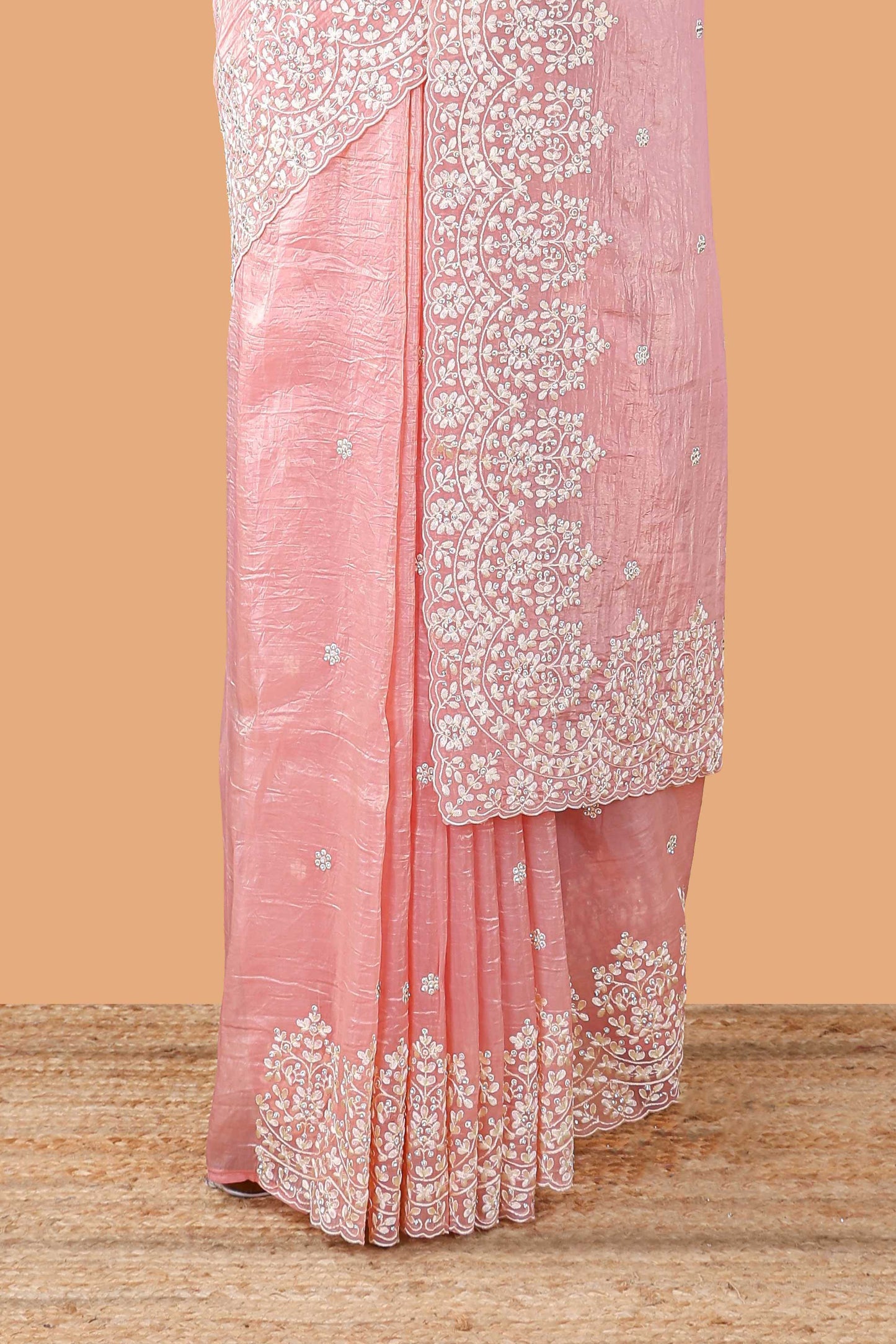 Pink organza crush saree with floral embroidery and stone work, self pallu and blouse