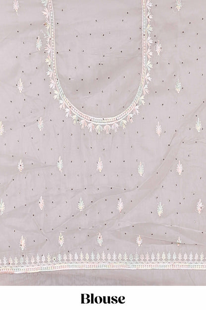 Grey organza crush saree with leaf embroidery design, self pallu and blouse