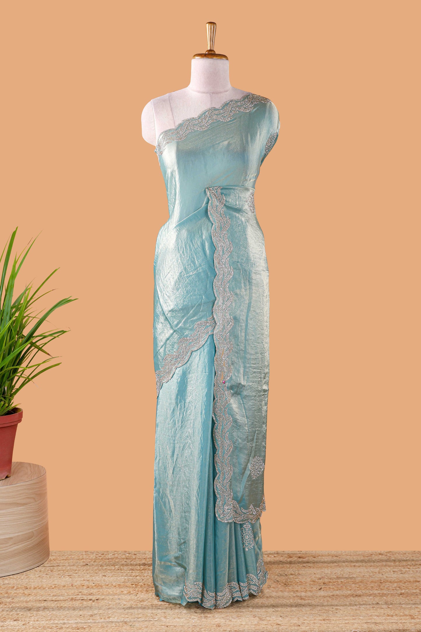 Blue plain fendi chiffon embroidery design saree with self pallu and blouse