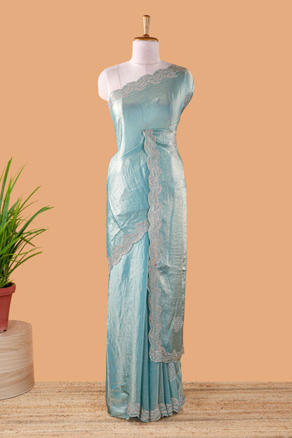 Blue plain fendi chiffon embroidery design saree with self pallu and blouse