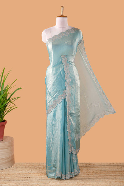 Blue plain fendi chiffon embroidery design saree with self pallu and blouse