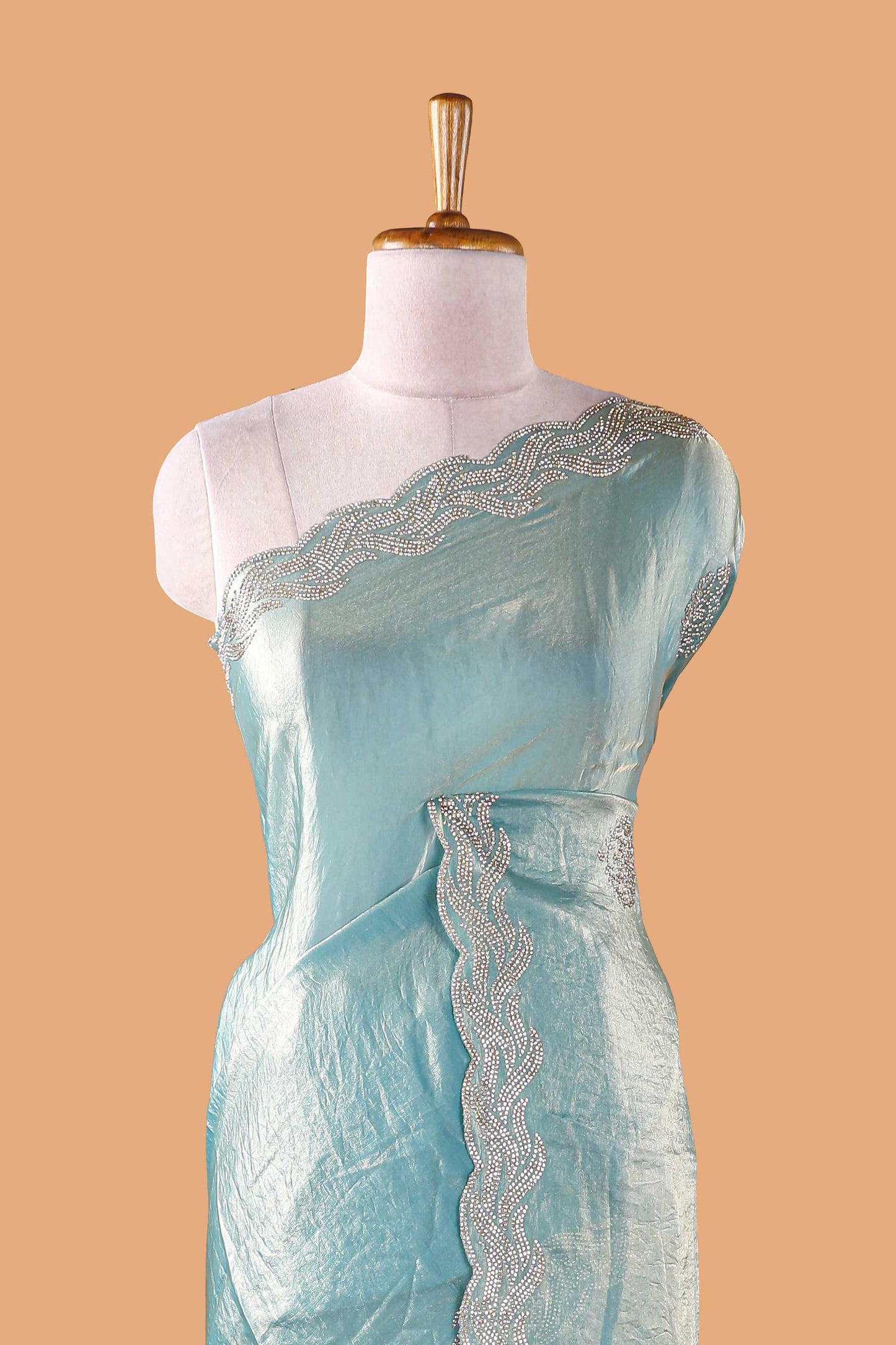 Blue plain fendi chiffon embroidery design saree with self pallu and blouse