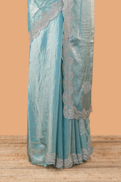 Blue plain fendi chiffon embroidery design saree with self pallu and blouse